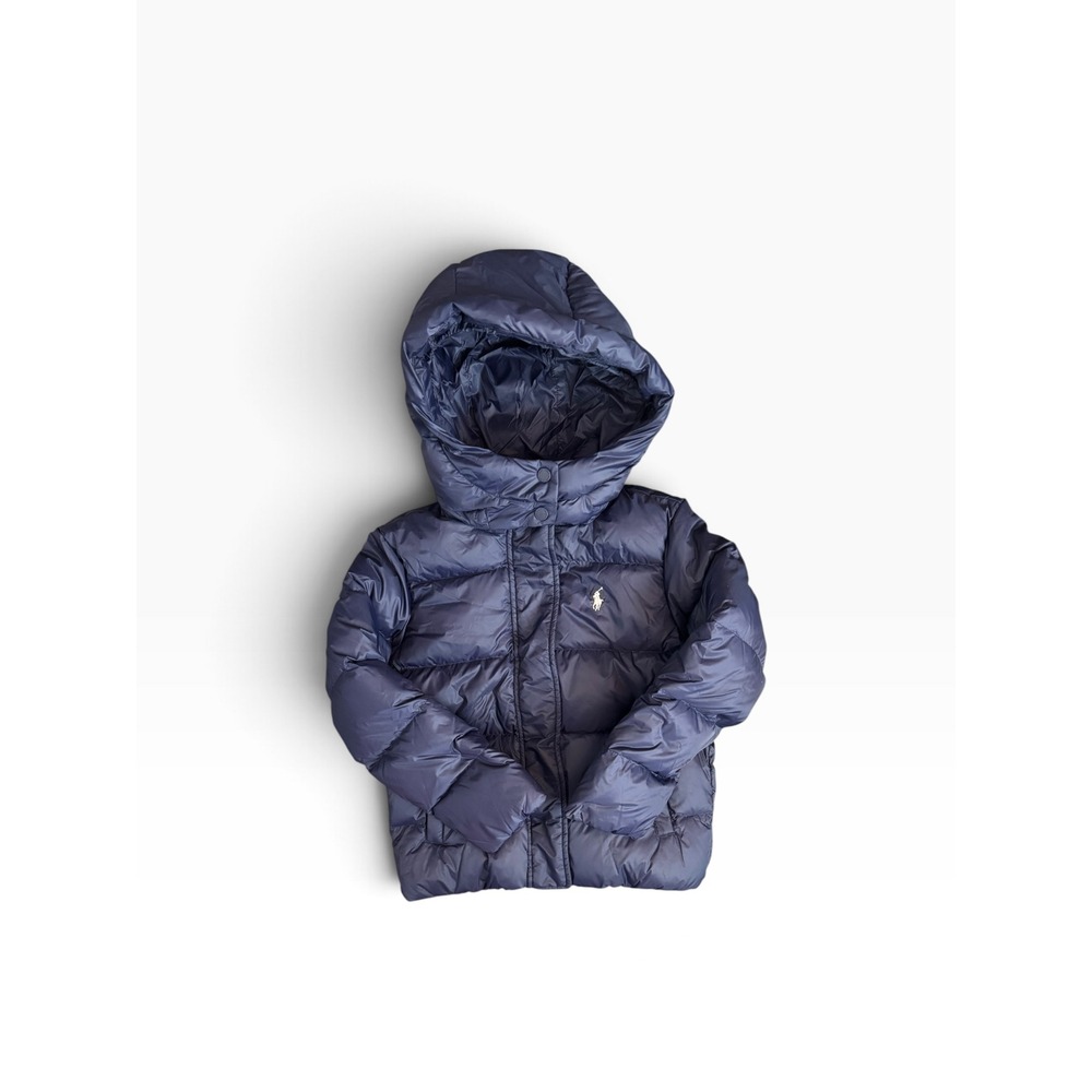 Polo Ralph Lauren Kids Navy Blue Hooded Puffer Jacket Logo Size S 7 NEW